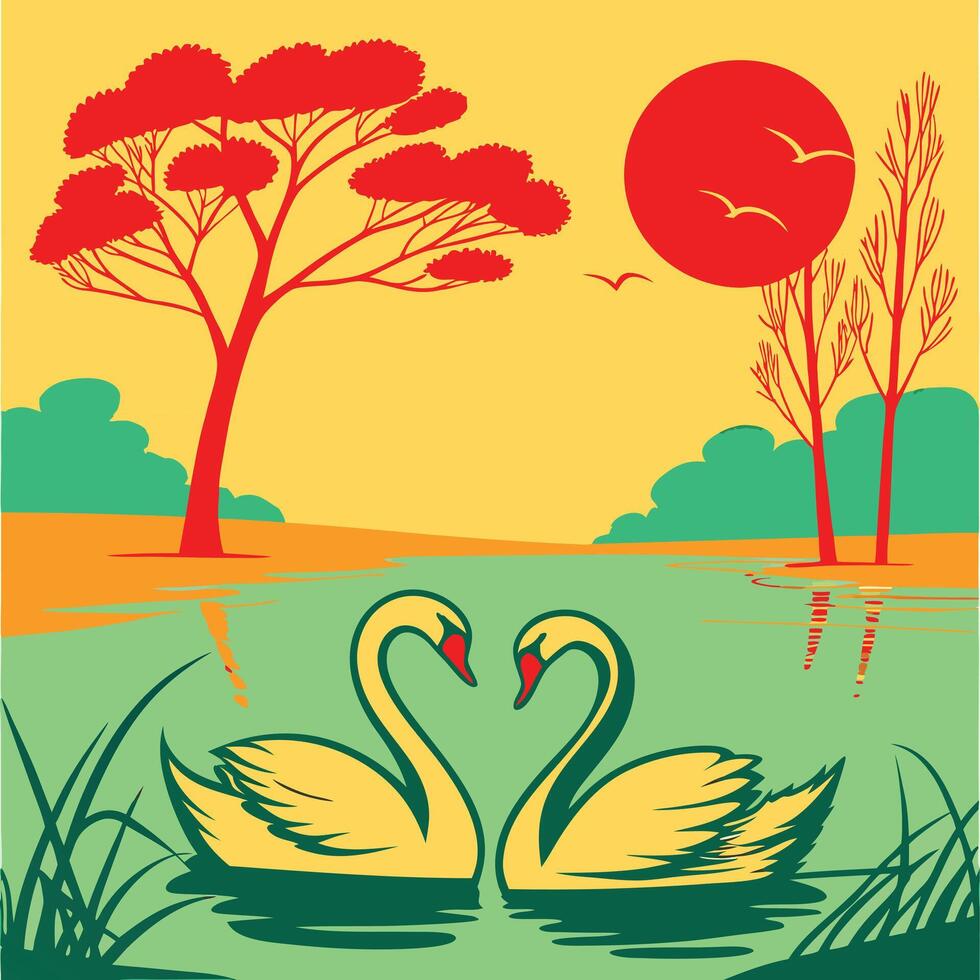 Romantic Swans on Serene Lake, Sunset Landscape, Birds, Trees vector