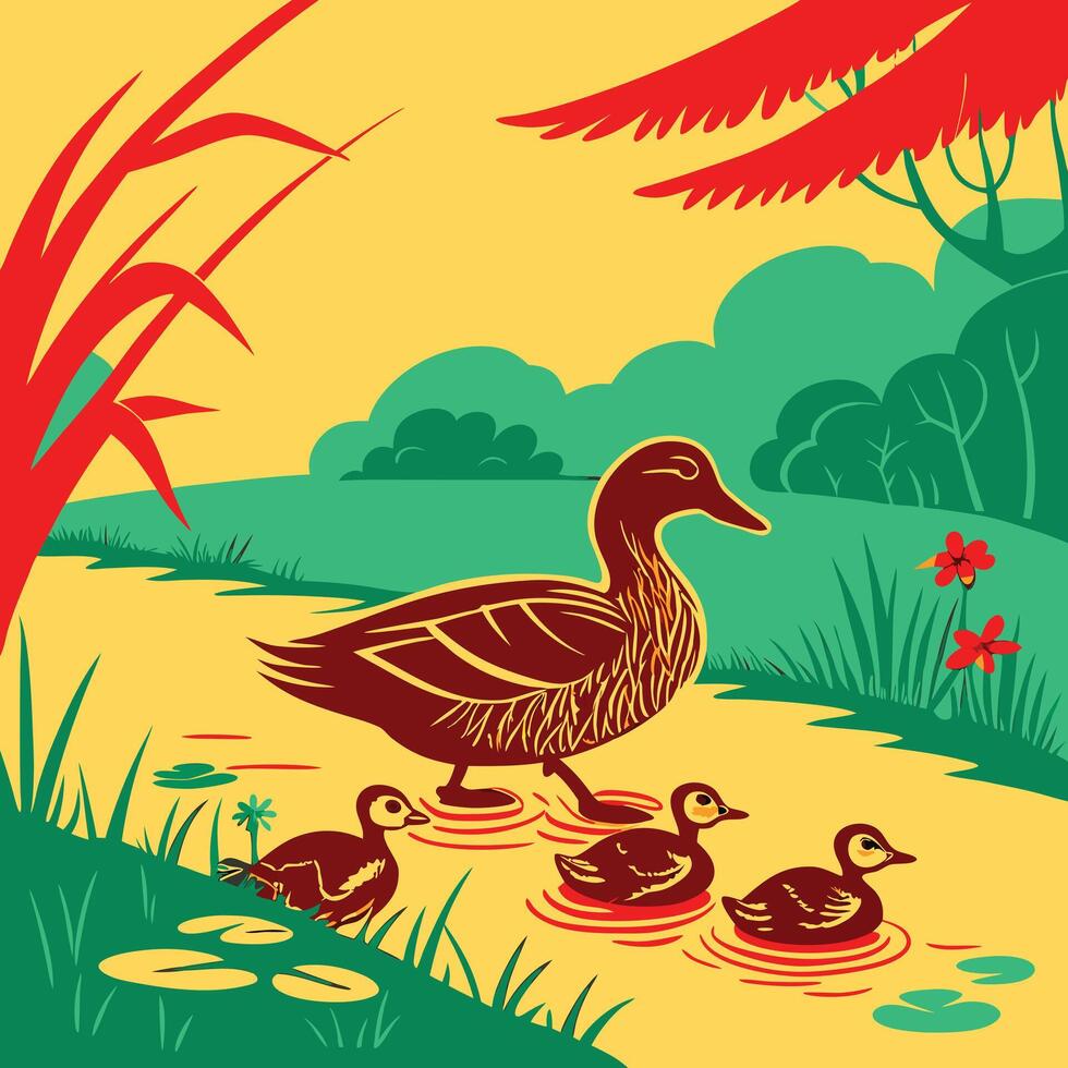 Mother Duck and Ducklings by Pond, Nature Scene, Springtime vector