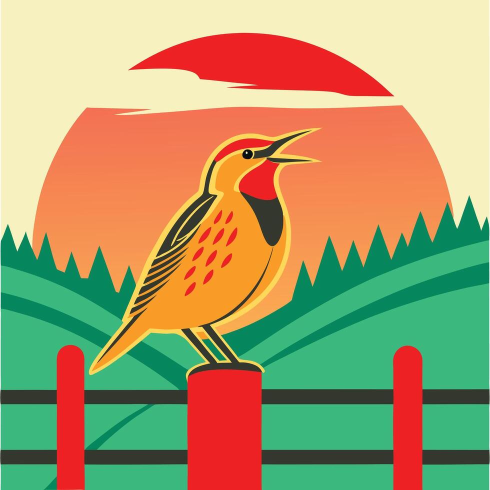 Sunset Meadow Bird Singing on Fence Post Rural Scene vector
