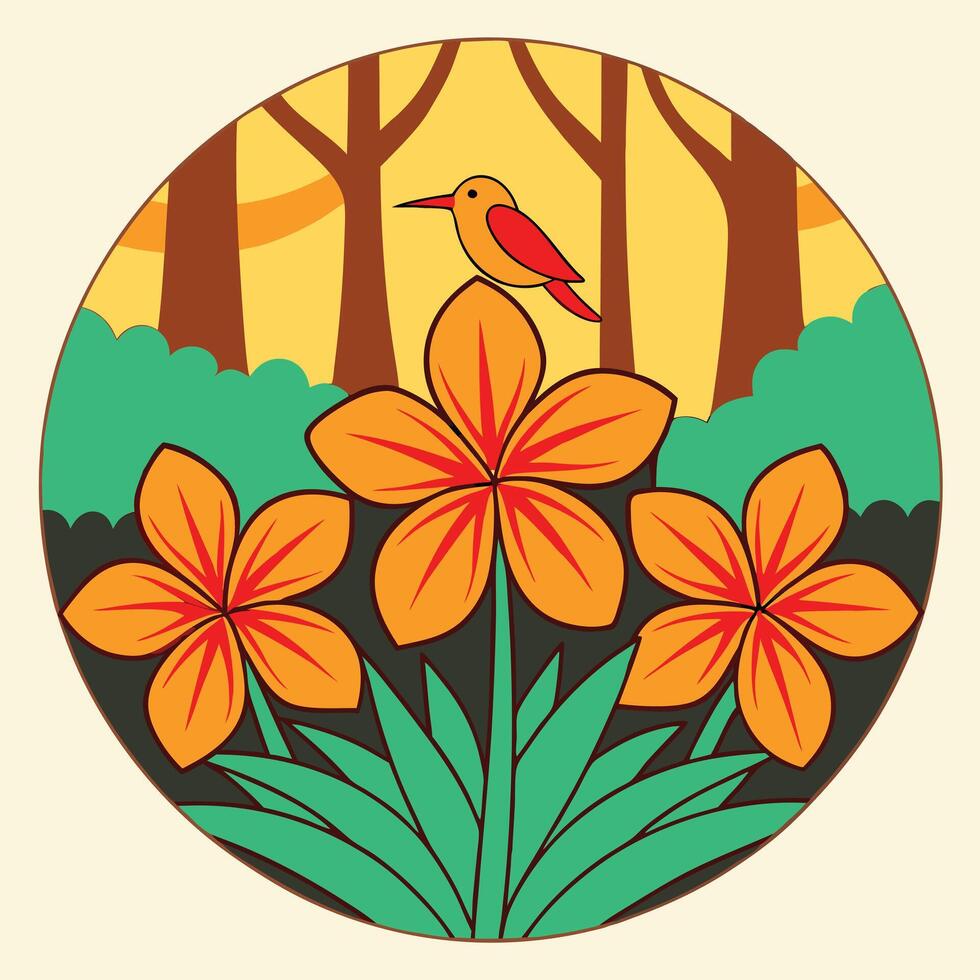 Sunset Forest Scene Bird, Flowers, and Tranquil Nature vector