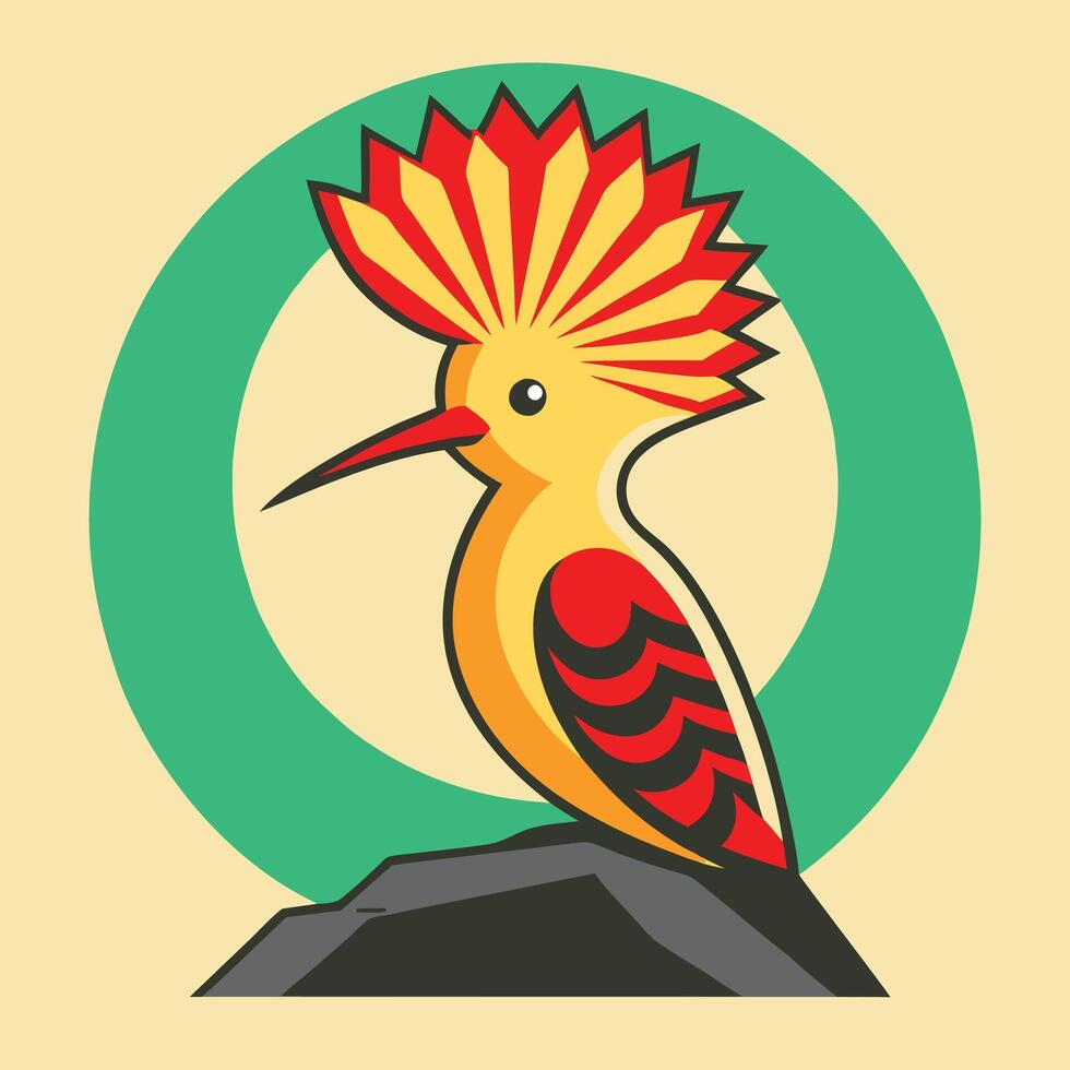 Vibrant Hoopoe Bird Illustration, Retro Style Design, Circular Frame vector