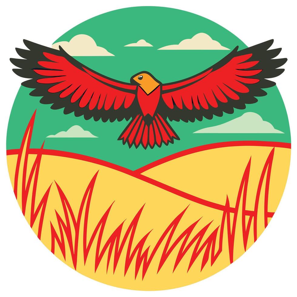Majestic Red Hawk Soaring Over Golden Wheat Fields vector