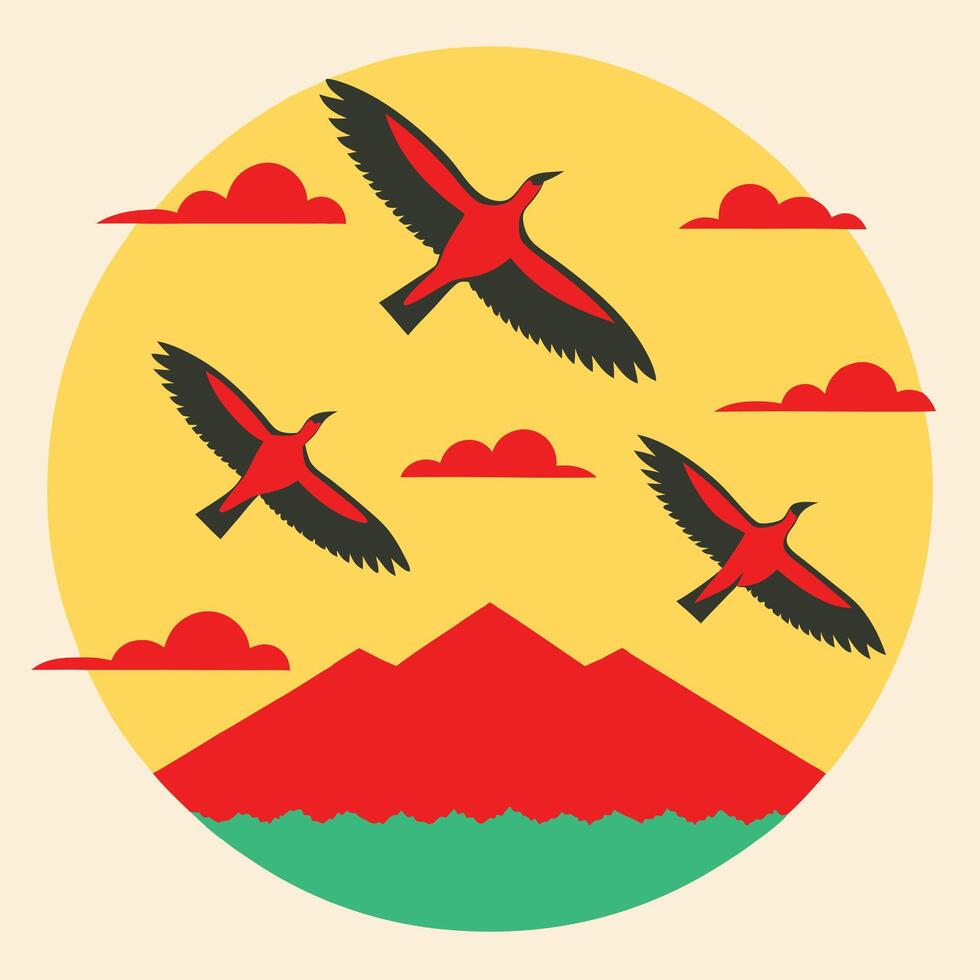 Three Birds Flying Over Red Mountain Landscape Sunset Clouds vector