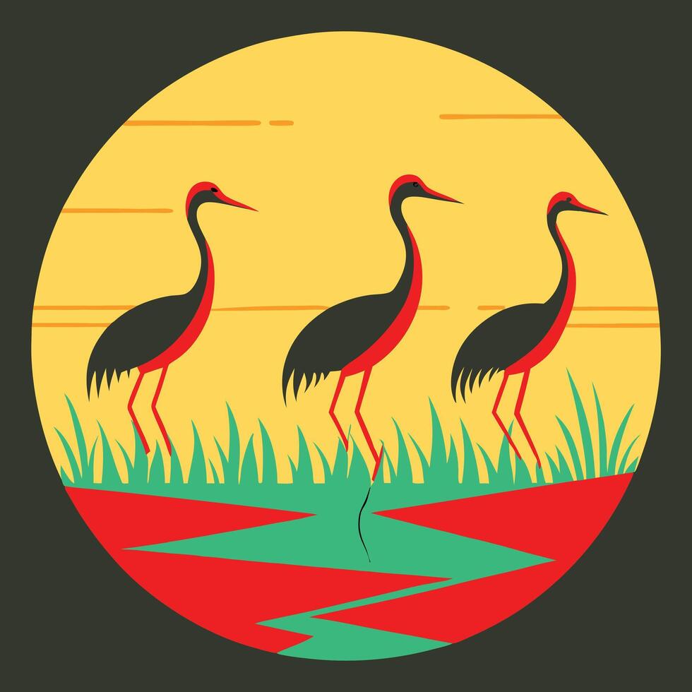 Three Elegant Cranes Sunset Wetland Nature Scene Art Graphic vector