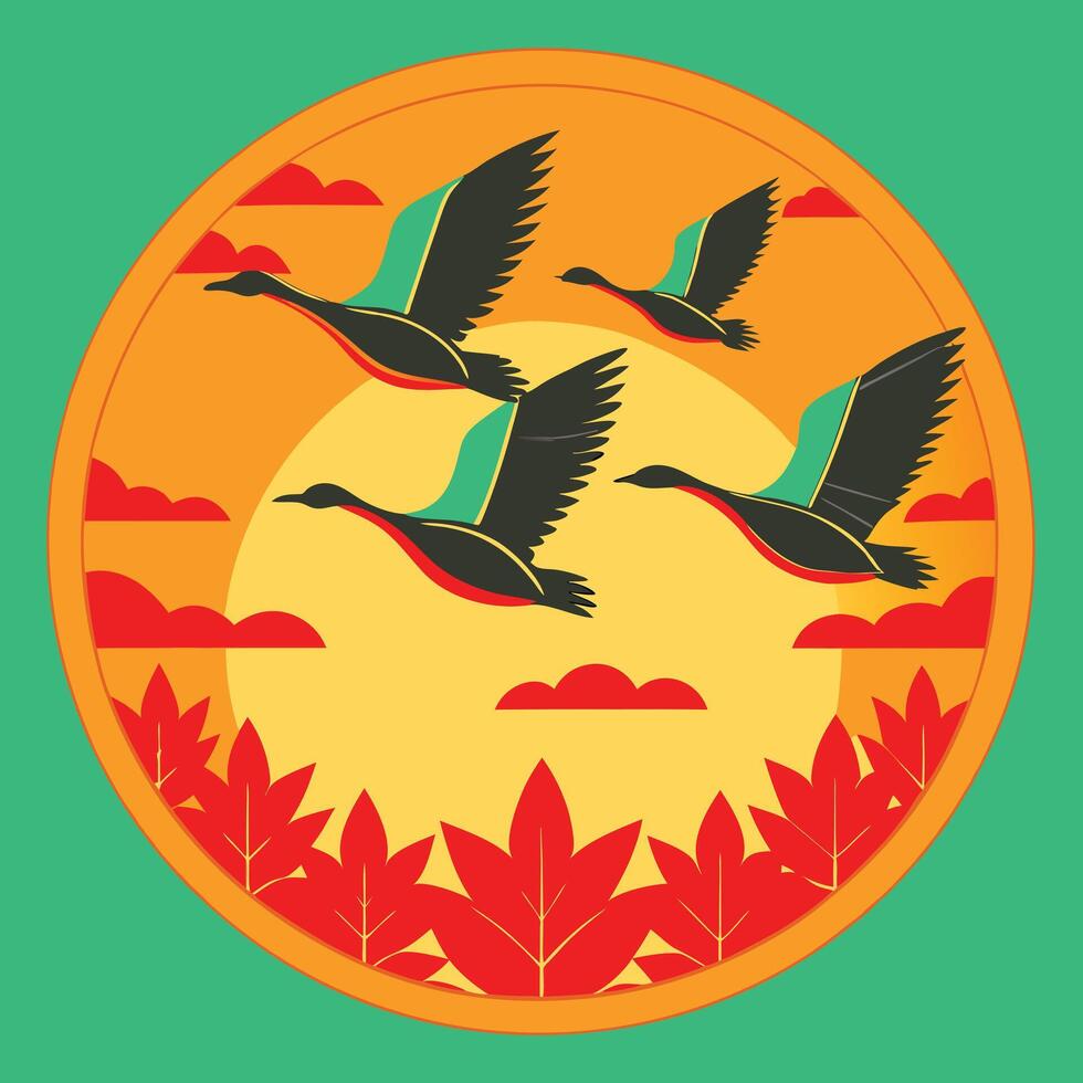 Sunset Geese Flight Autumn Migration Birdscape Orange Clouds vector