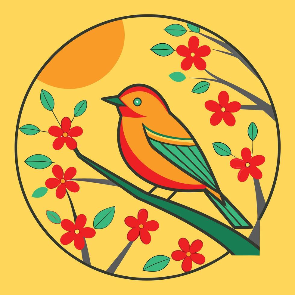 Vibrant Bird on Branch, Spring Flowers, Sunny Day, Artistic Design vector