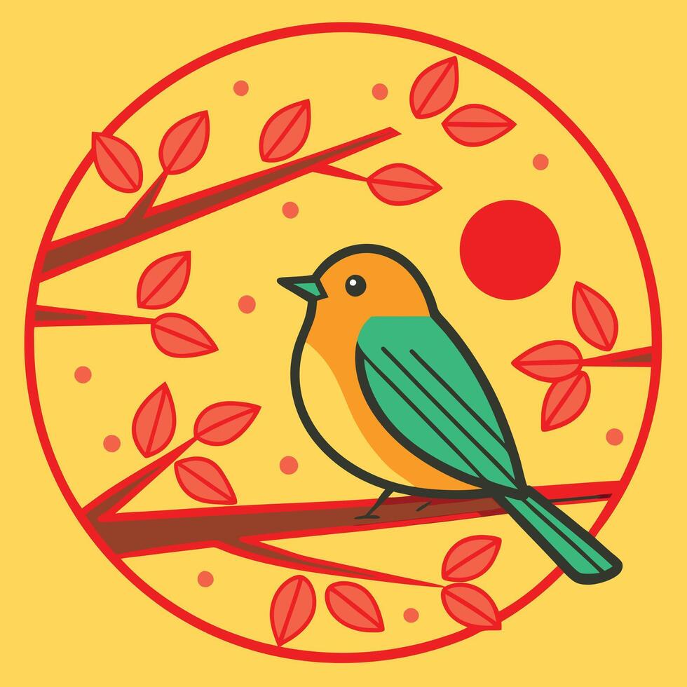 Autumn Bird on Branch Circle Design, Yellow, Red Leaves vector