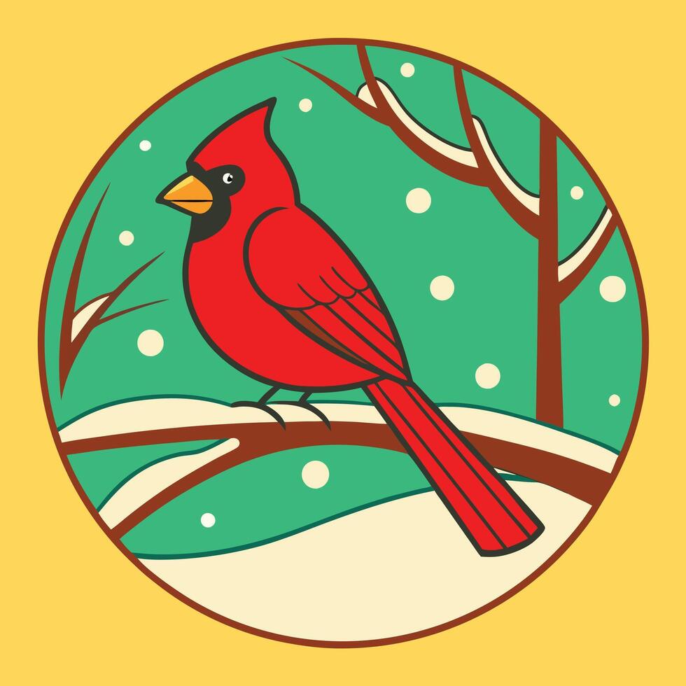 Winter Cardinal Bird on Snowy Branch, Retro Art Illustration vector