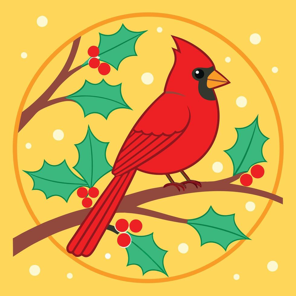 Christmas Cardinal Bird on Holly Branch Winter Scene Illustration vector