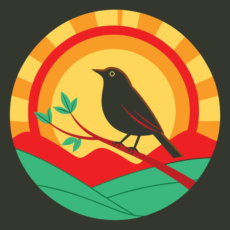 Sunrise Bird Silhouette on Branch, Artistic Landscape Design vector