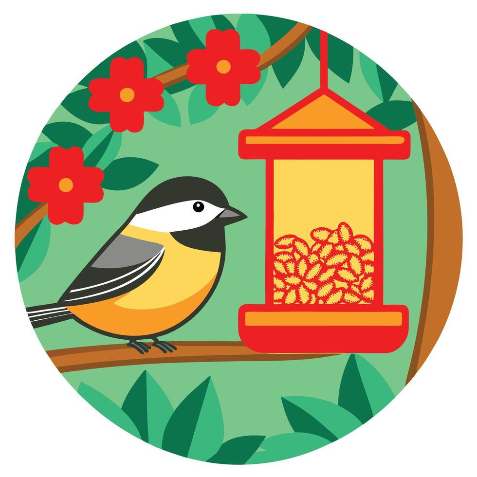 Charming Chickadee at Bird Feeder in Vibrant Spring Garden vector