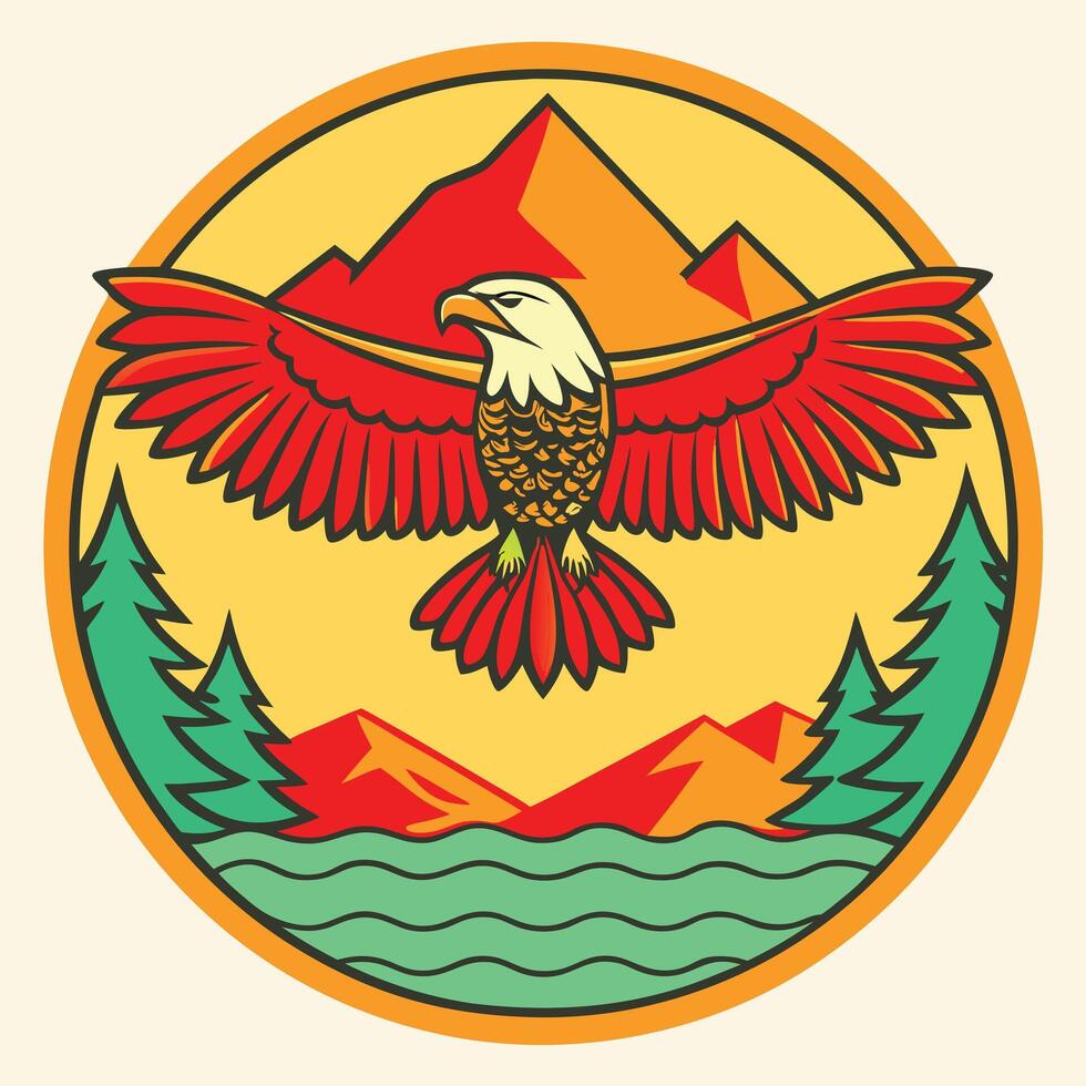 Majestic Eagle Soaring Above Mountain Peaks, Scenic Lake vector