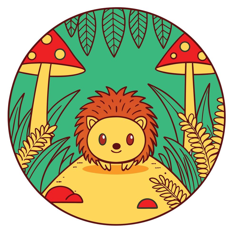 Adorable Hedgehog in a Mushroom Forest Circle Illustration vector