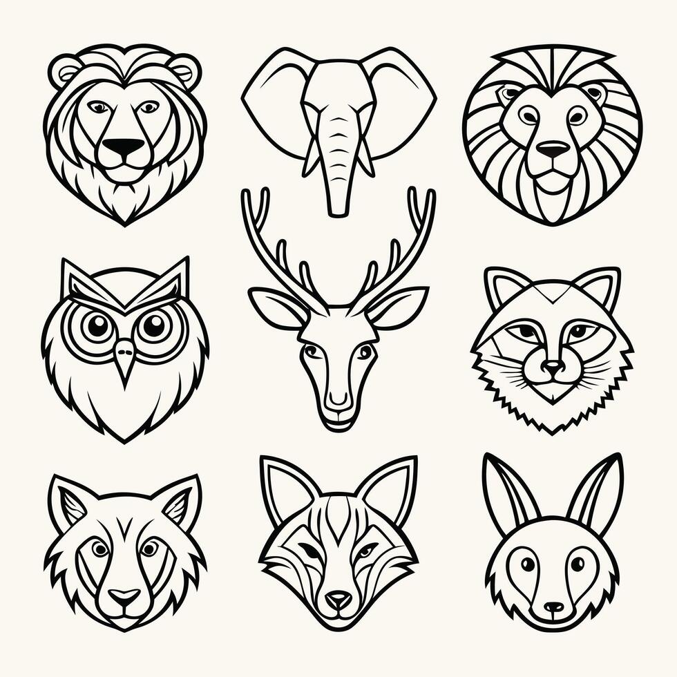 Geometric Animal Heads Lion, Elephant, Deer, Owl, Fox, Raccoon, Rabbit vector