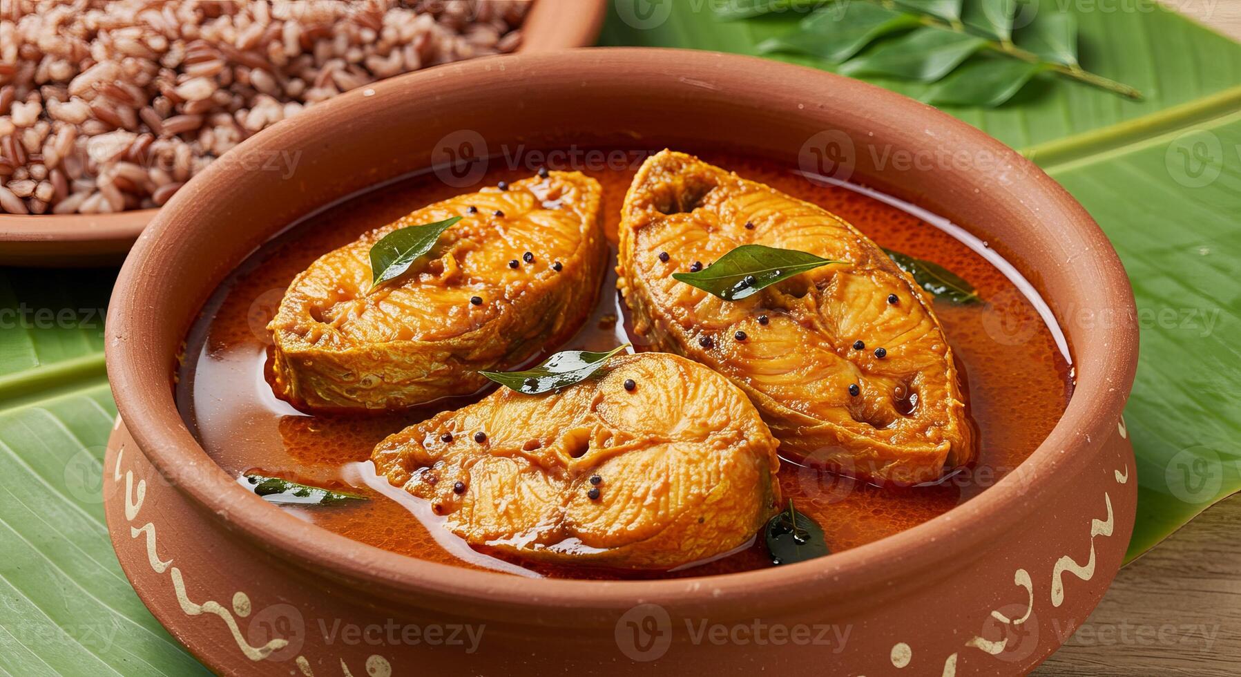 Fish curry in a clay bowl with rice and a bowl of curry photo