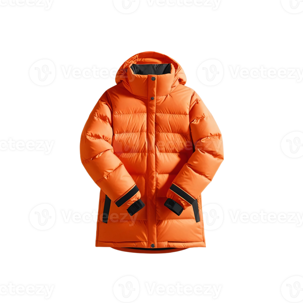 An orange puffy down jacket with black trimming png