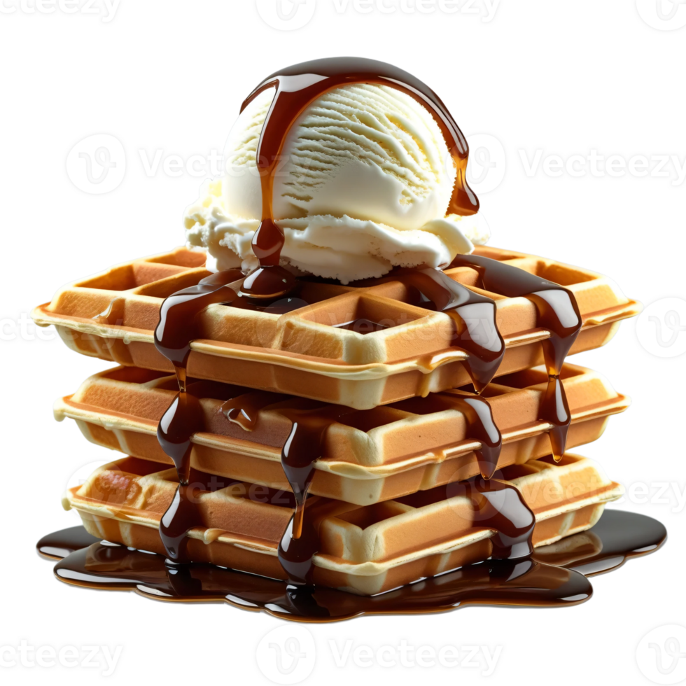 A waffle with ice cream and syrup png