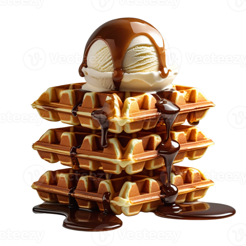 A waffle with ice cream and chocolate syrup png