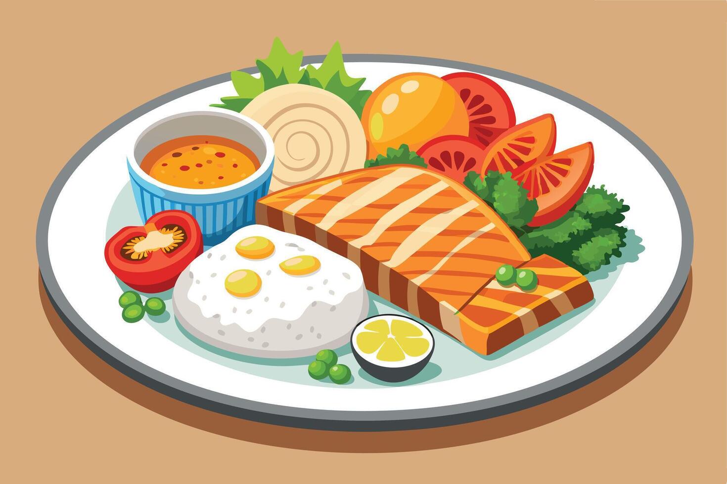 A Salmon and Rice Plate Illustration vector