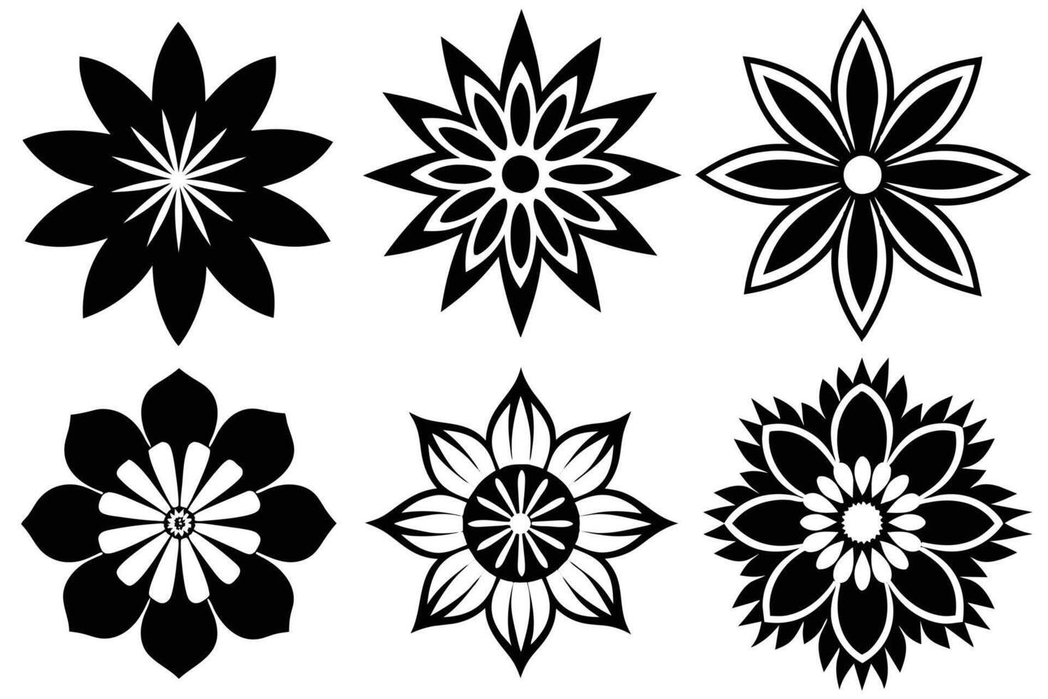 Six black and white decorative flower designs vector