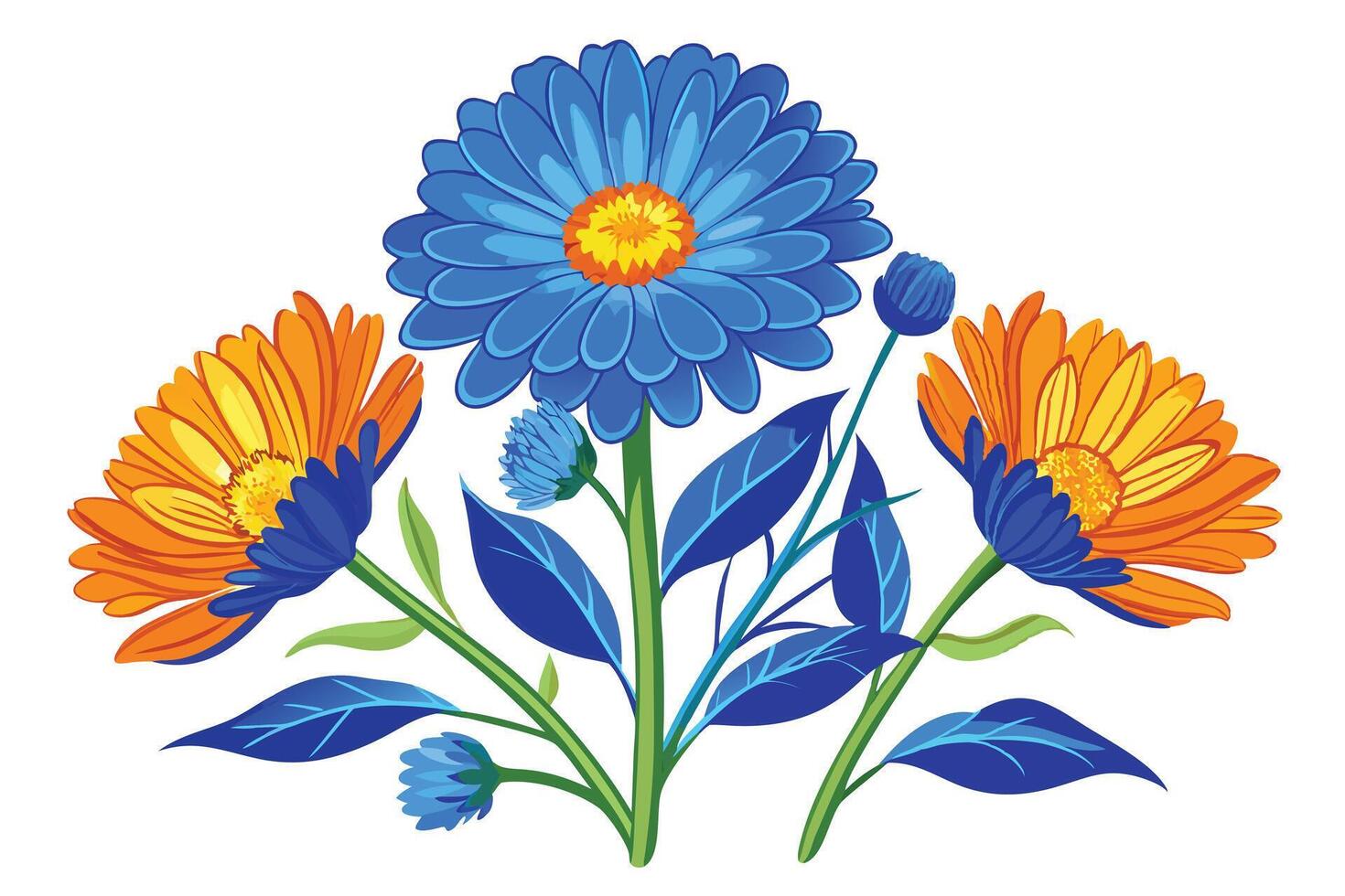 Vibrant bouquet of marigold and cornflower blossoms vector