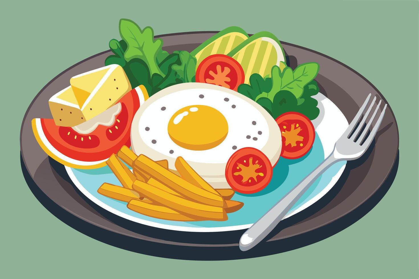 Delicious breakfast plate with fried eggs, fries, and salad. vector