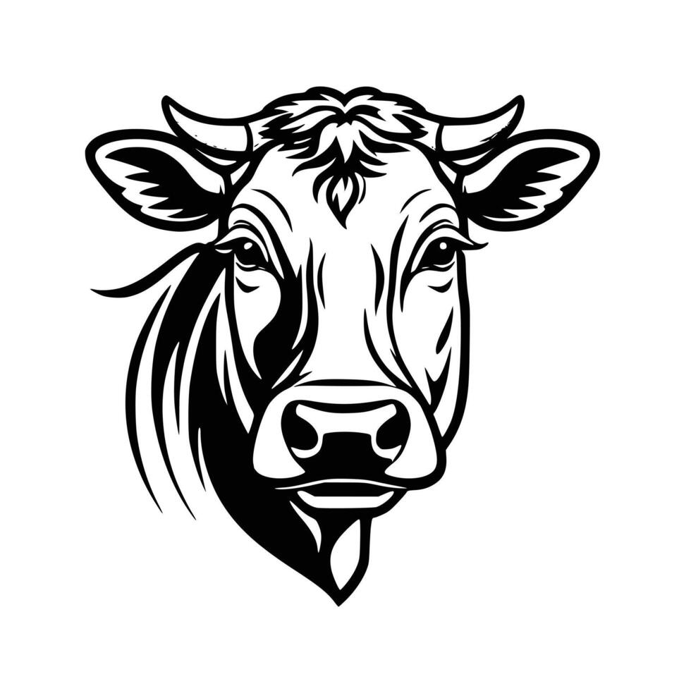 A sophisticated, stylized black and white graphic of a cow's head. vector