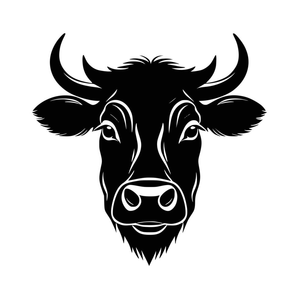 A striking, close-up black and white line art illustration of a cow's head. vector