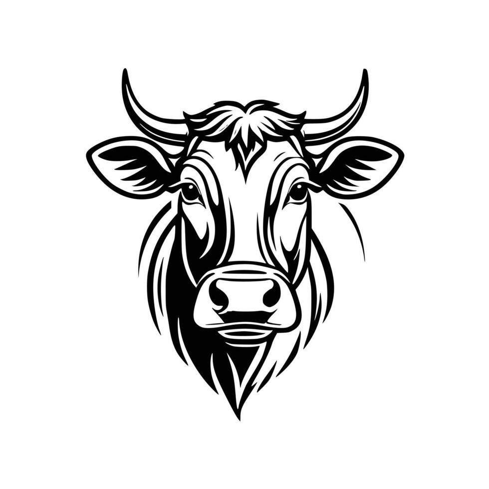 A detailed, black-and-white silhouette of a cow's head, angled to face the viewer solid black silhouette of a cow, perfect for agricultural themes vector