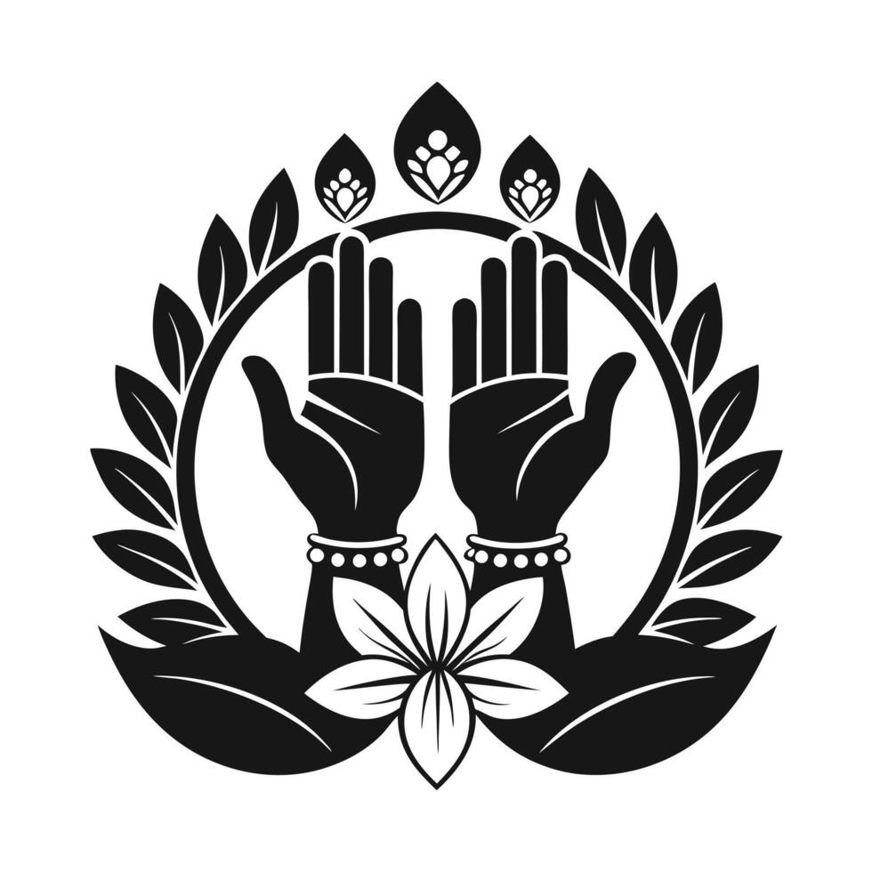 A stylized, black and white graphic of two hands clasped in prayer, featuring decorative floral and leaf elements. vector