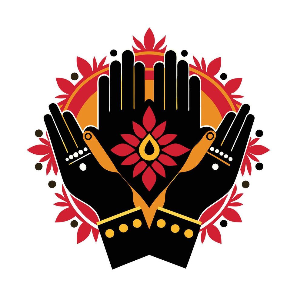 This stylized image showcases two hands raised in a prayerful gesture, adorned with intricate golden beaded bracelets and embellishments. vector