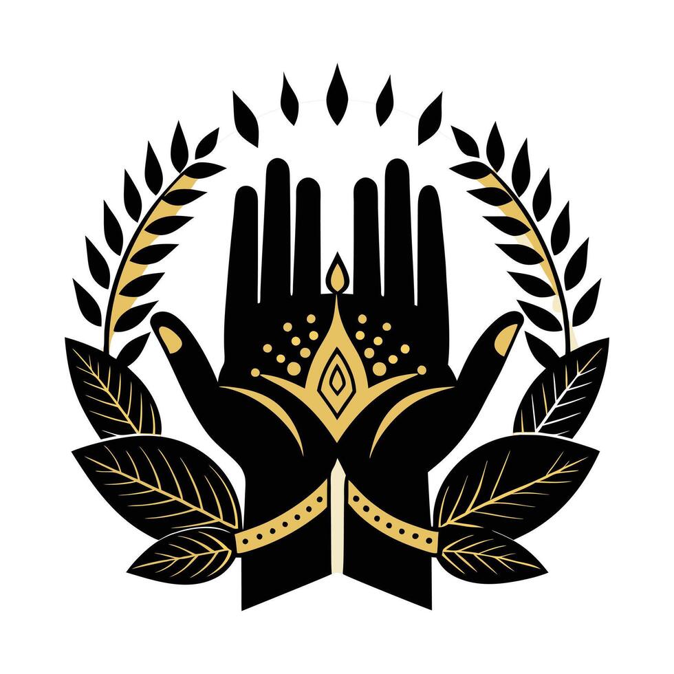 This stock image features a circular design with a pair of stylized hands, likely representing a cultural or spiritual concept. vector
