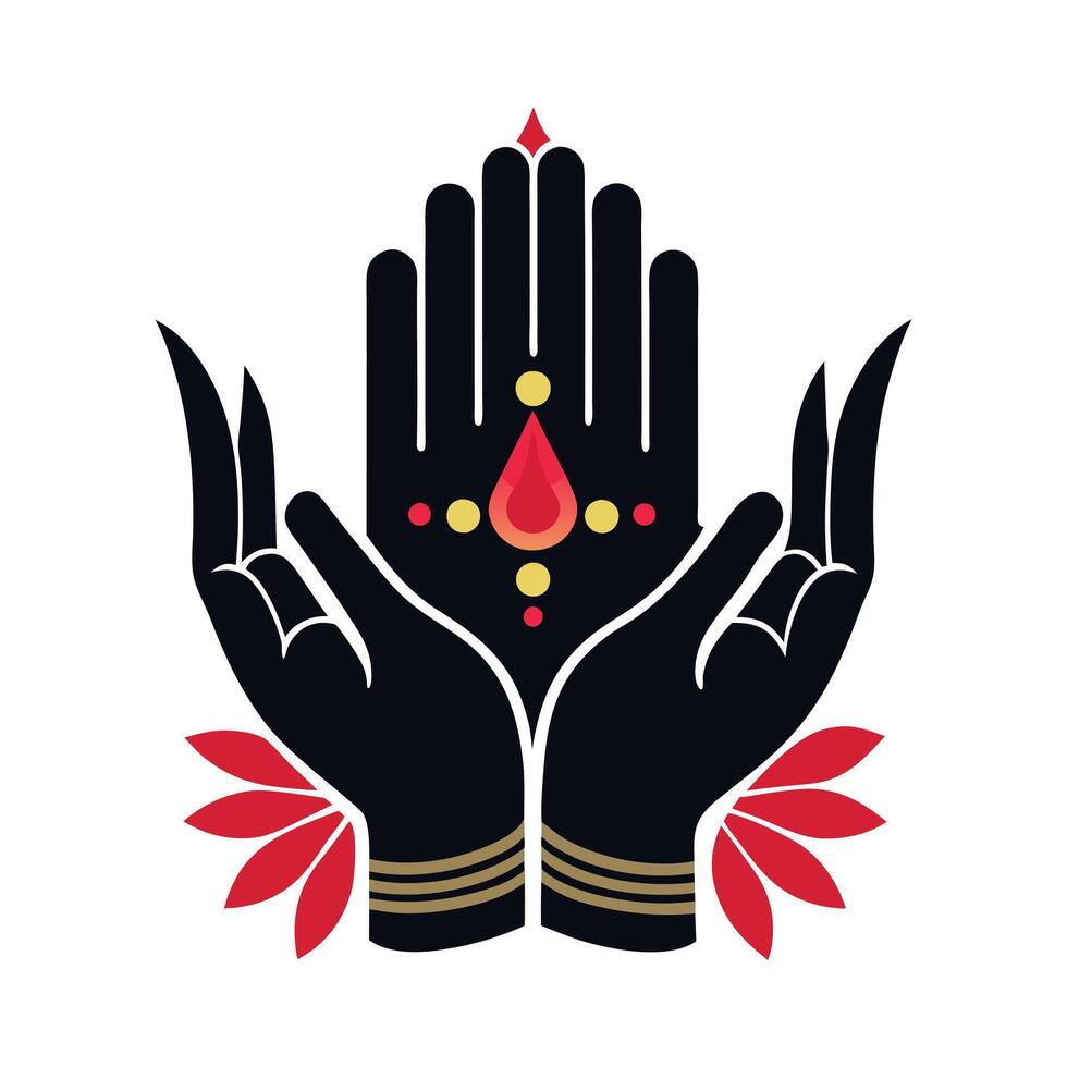 Elegant Indian-inspired hands with intricate henna designs in a circular emblem. vector