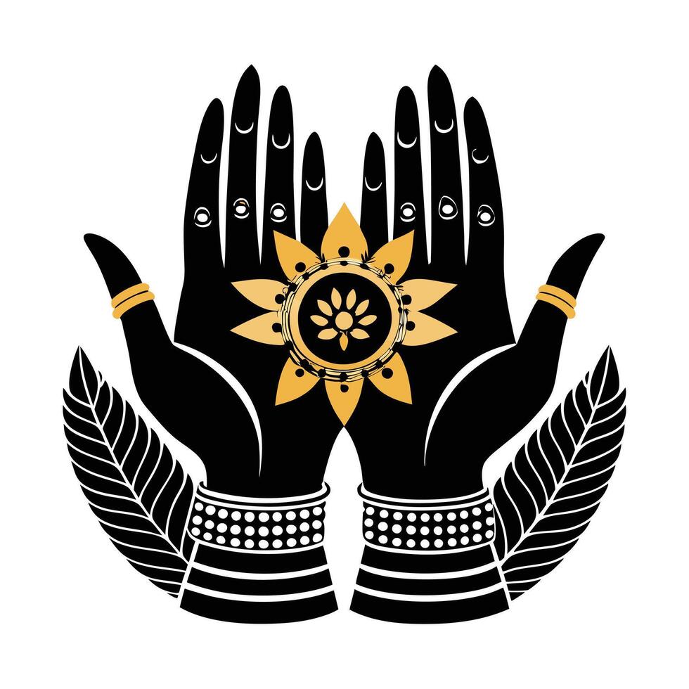A stylized image of two black hands, adorned with red floral patterns, bangles, and nail art, raised in a prayerful or welcoming position. vector