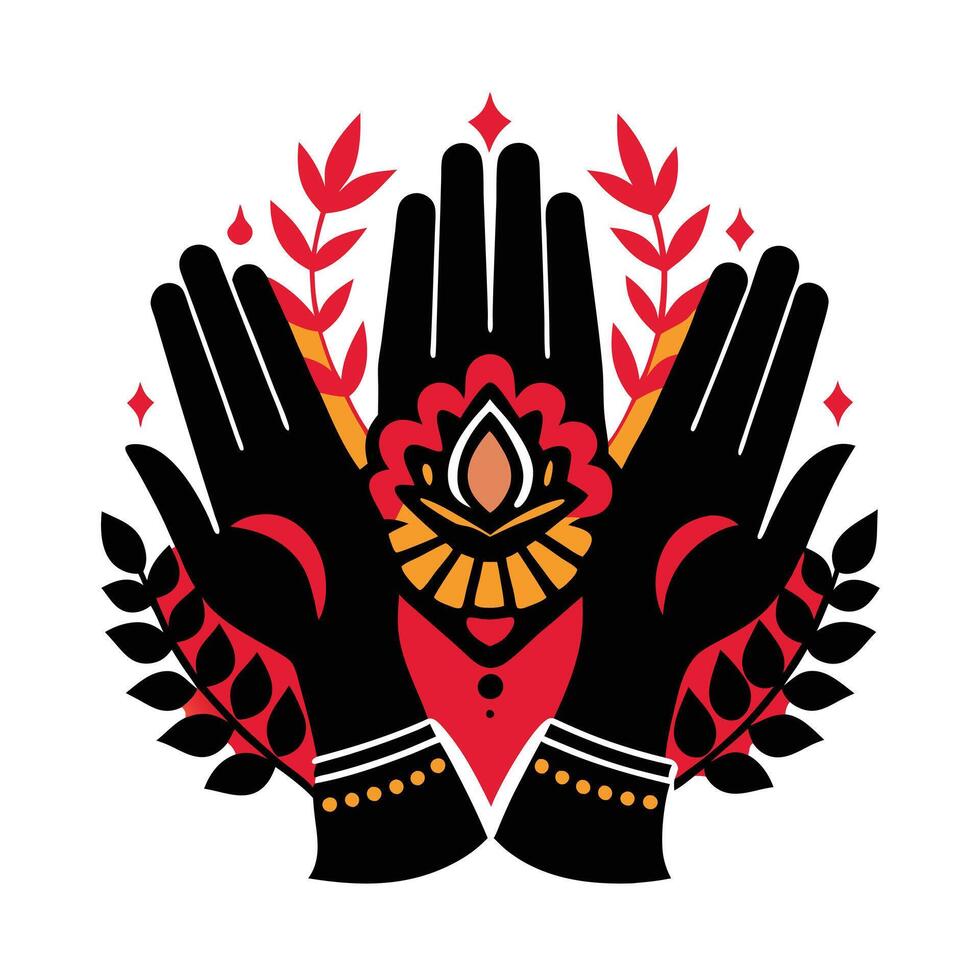 hands in prayer, adorned with intricate henna, create a beautiful spiritual design. vector