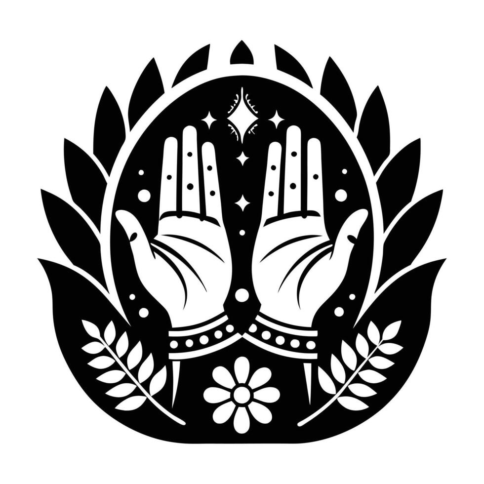 This vibrant graphic features two stylized hands clasped in prayer, adorned with intricate floral designs and placed within a circular frame of leaves and foliage. vector