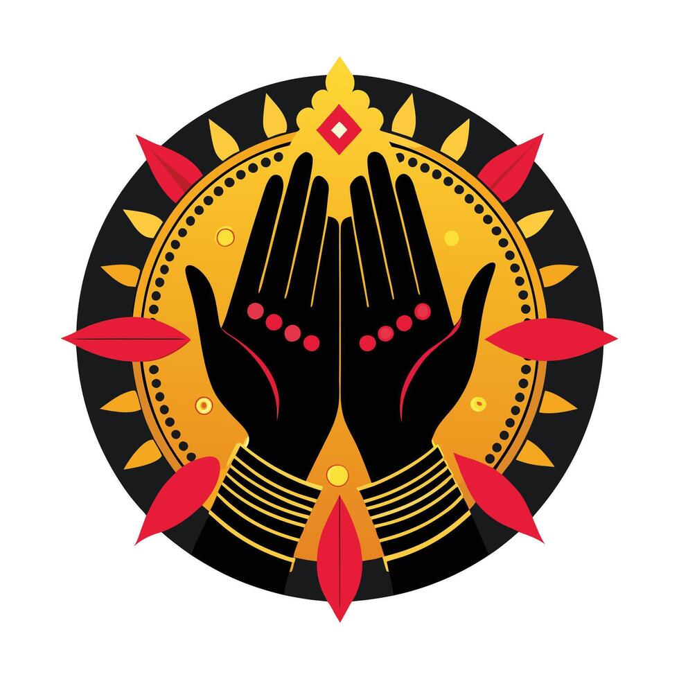 illustration of two hands raised in prayer, set against a vibrant sunburst background. vector