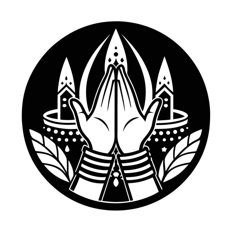 This stylized, black and white graphic features a circular design with two hands in a prayer position, adorned with beaded bracelets. vector