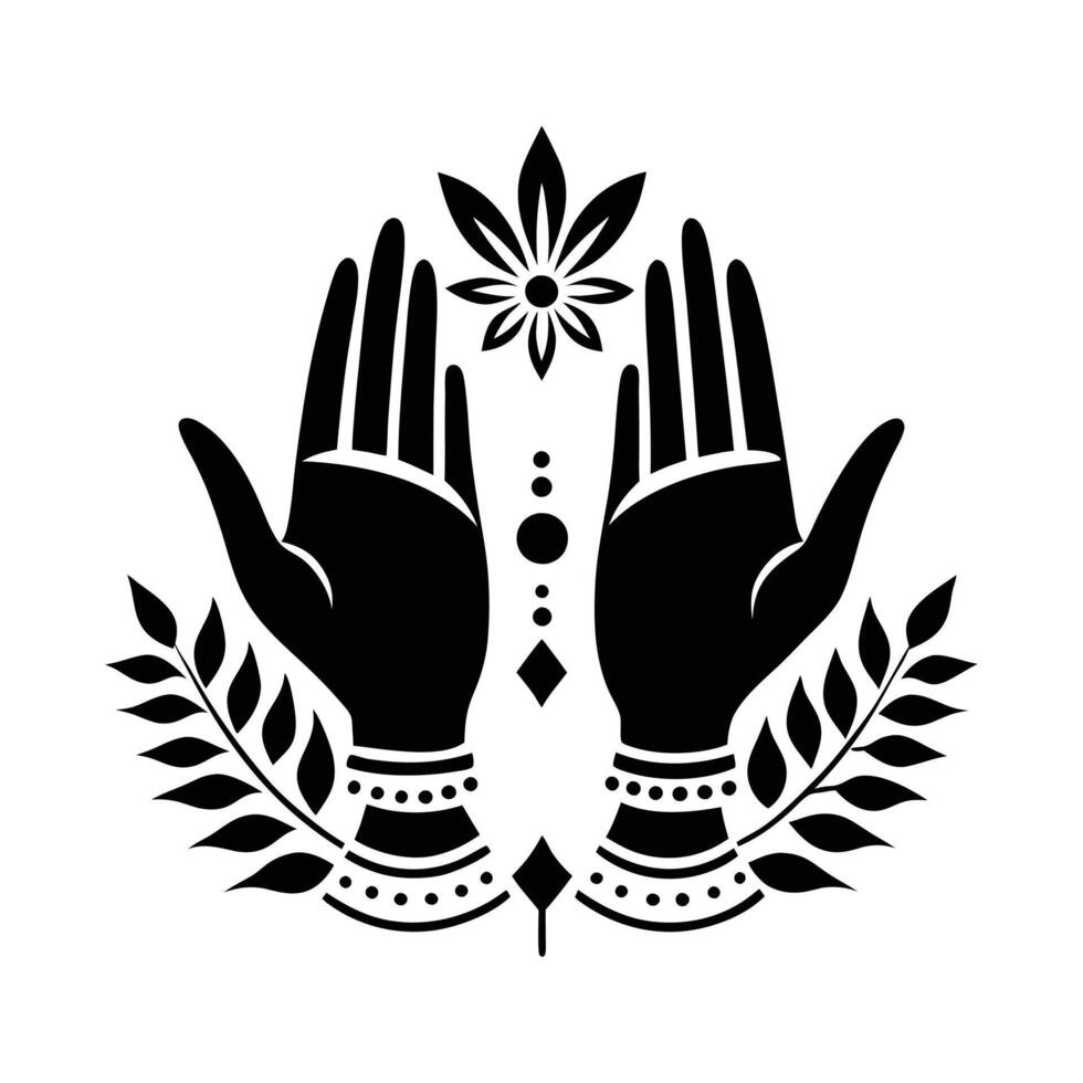 A symmetrical black and white graphic design features a pair of hands in prayer position, adorned with ornate bracelets. vector