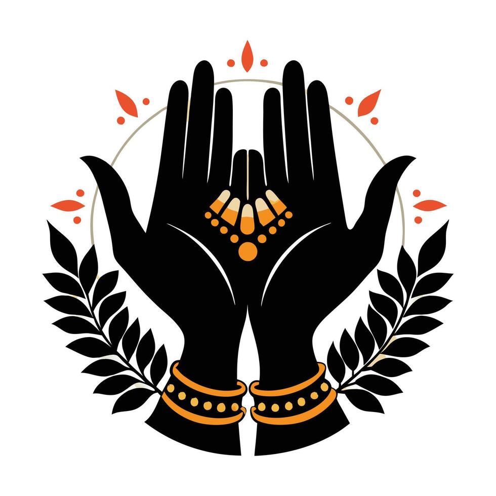 Praying hands adorned with henna, a vibrant illustration. vector