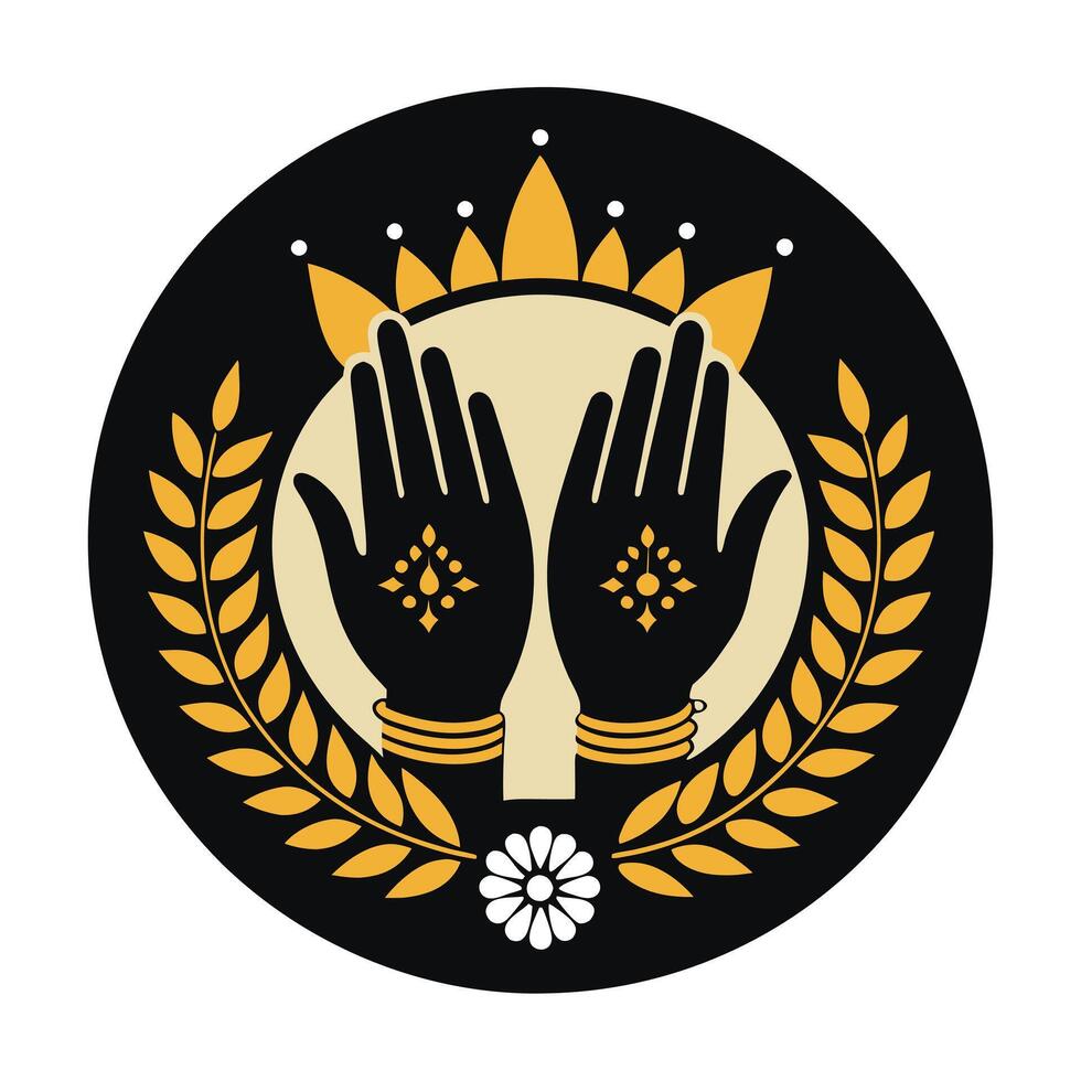 A graphic design featuring a pair of hands in prayer, outlined in black, with detailed henna-like patterns and embellishments. vector