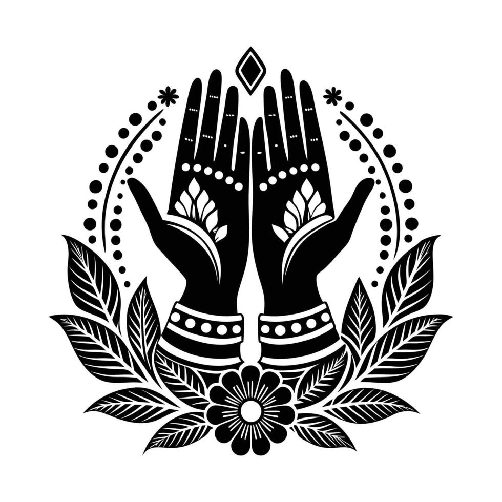 A stylized, black and white graphic of two hands holding a mosque. vector