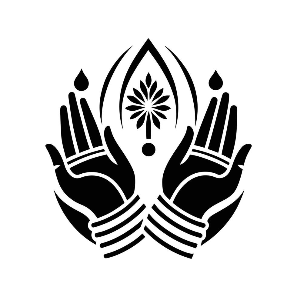 A stylized graphic of two hands holding a sacred flame or lamp within a circle. vector