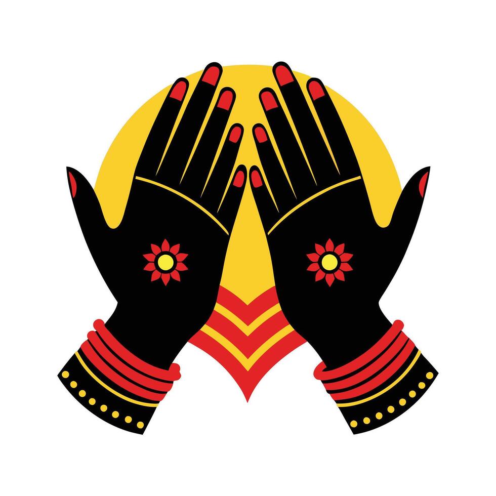 Ornate hands in prayer, adorned with intricate henna, create a beautiful spiritual design. vector