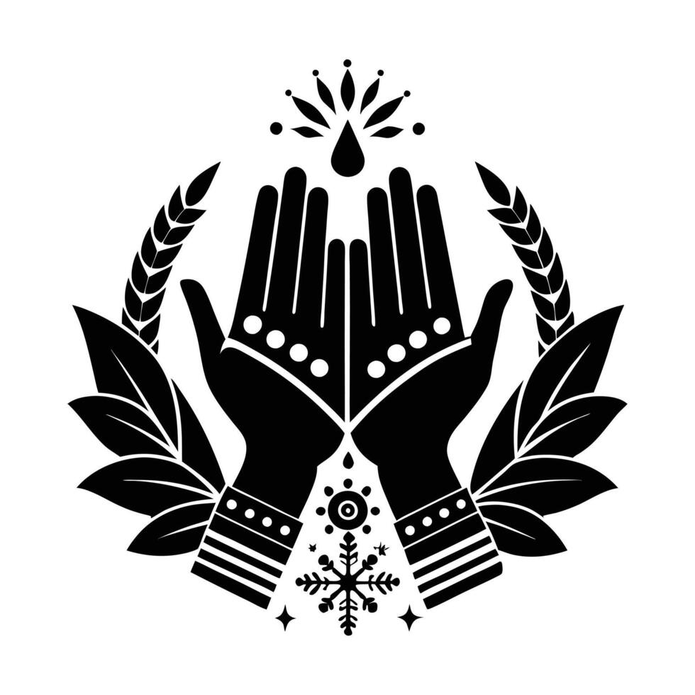 This stylized black and white image showcases two hands clasped in a prayer position, adorned with intricate henna-like patterns and beaded bracelets. vector