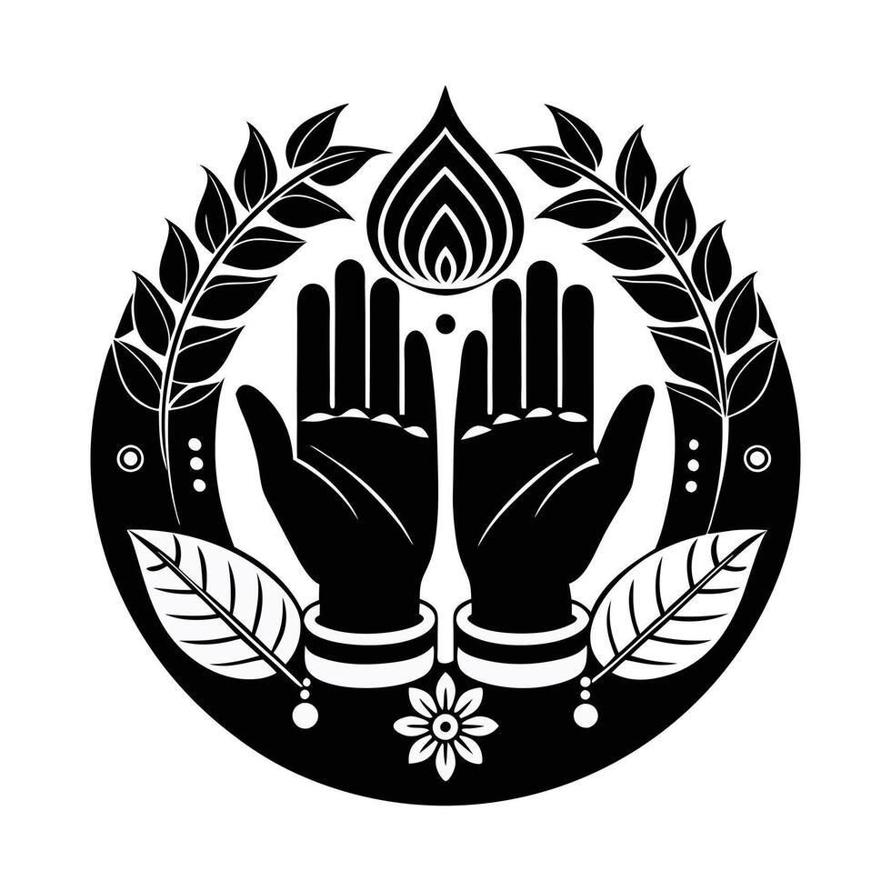 black and white image showcases two hands clasped in a prayer position, adorned with intricate henna-like patterns and beaded bracelets. vector