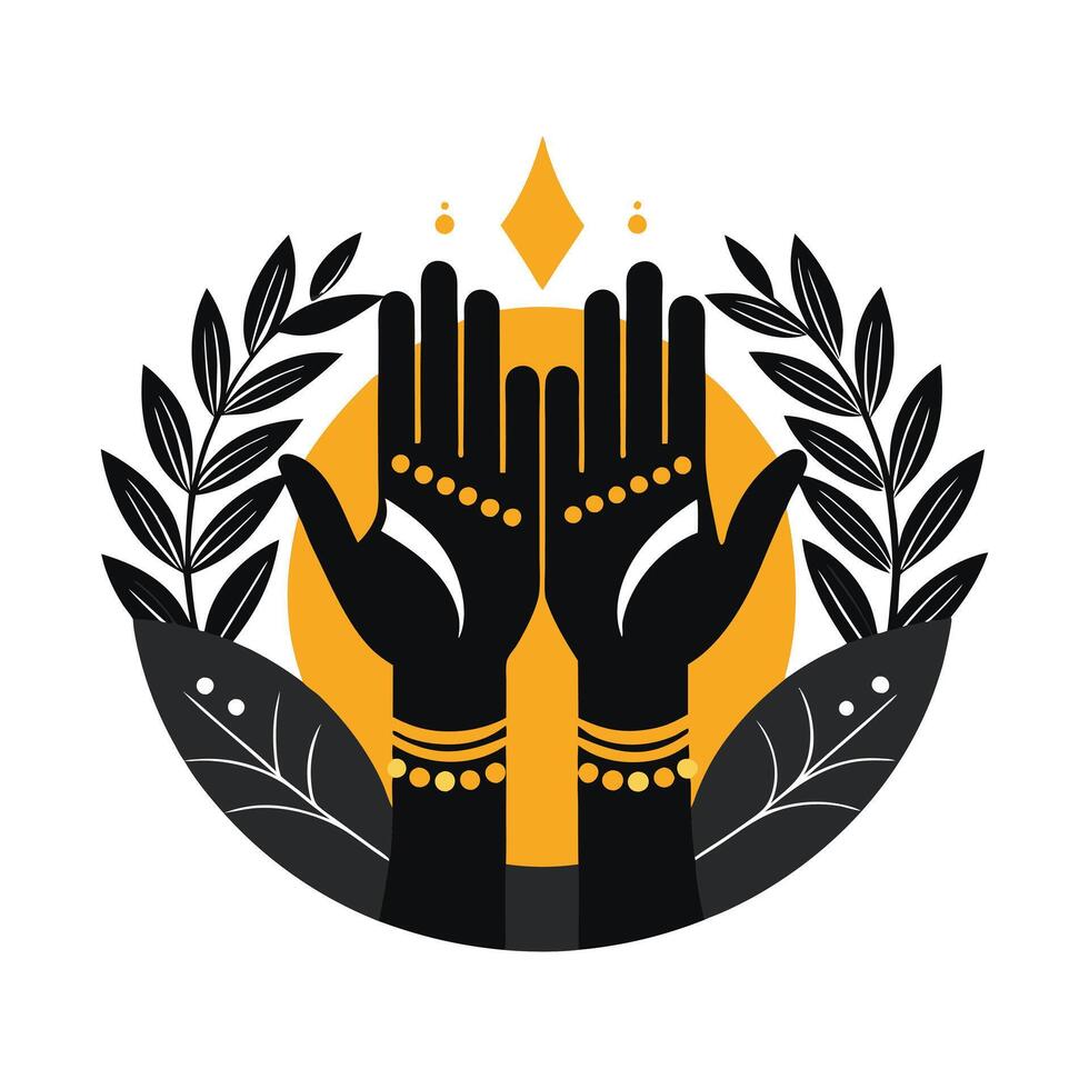 A vibrant graphic design featuring three pairs of stylized hands in silhouette, reaching upwards. vector