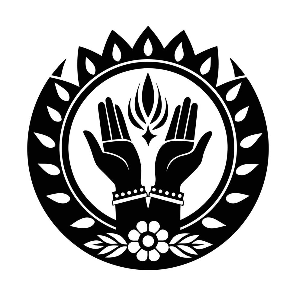 A symmetrical, black and white graphic design featuring a pair of hands raised in prayer, encircled by a laurel wreath. vector