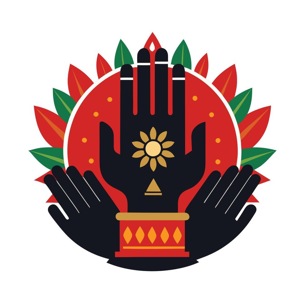 A stylized illustration of two hands clasped in prayer, adorned with ornate golden designs, set within a red circle framed by a decorative black mandala pattern. vector