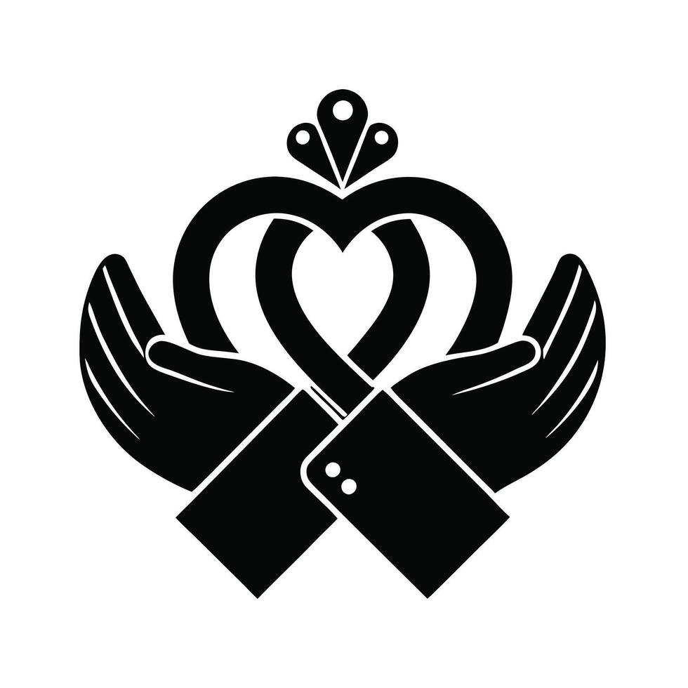 A stylized, black and white graphic of two hands clasped in prayer, surrounded by a circular frame adorned with leaves and decorative elements. vector